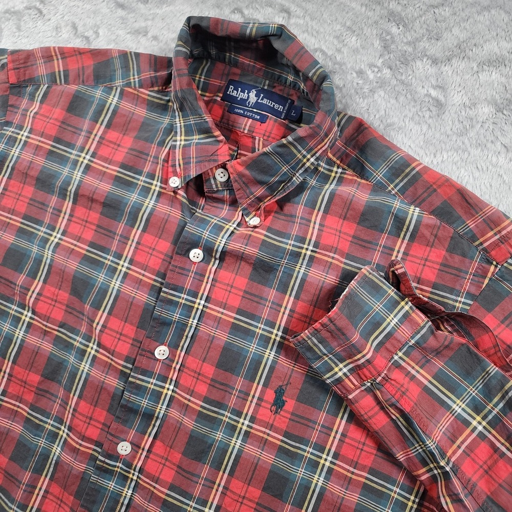 VINTAGE Ralph Lauren Shirt Mens Large Red Madras Plaid Long Sleeve 90s Preppy
